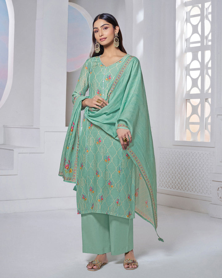 TARQUOISE PRINTED WITH LACE WORK STRAIGHT KURTA WITH DYED TROUSERS AND PRINTED DUPATTA