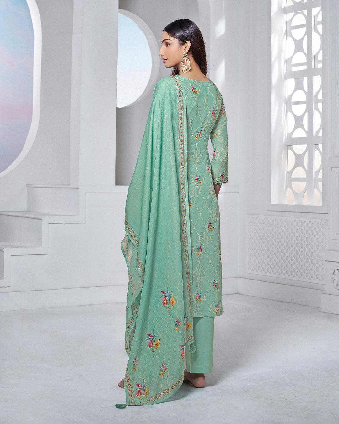 TARQUOISE PRINTED WITH LACE WORK STRAIGHT KURTA WITH DYED TROUSERS AND PRINTED DUPATTA