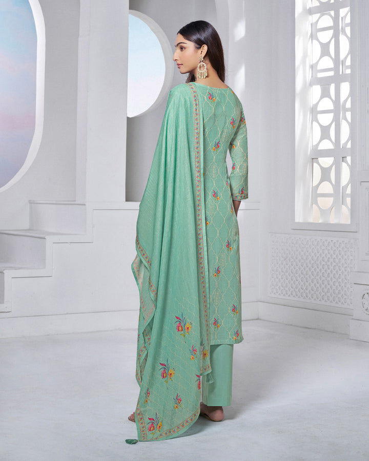 TARQUOISE PRINTED WITH LACE WORK STRAIGHT KURTA WITH DYED TROUSERS AND PRINTED DUPATTA
