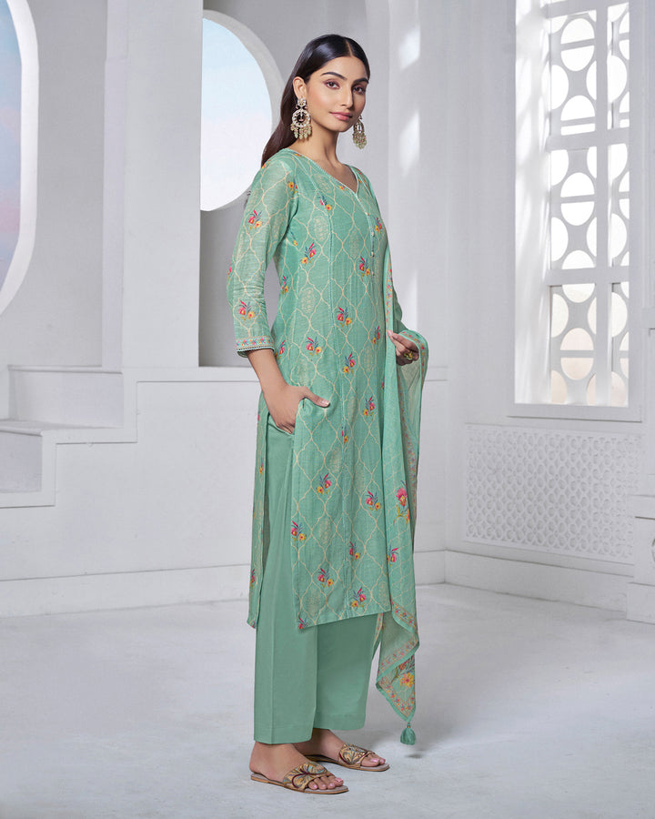 TARQUOISE PRINTED WITH LACE WORK STRAIGHT KURTA WITH DYED TROUSERS AND PRINTED DUPATTA