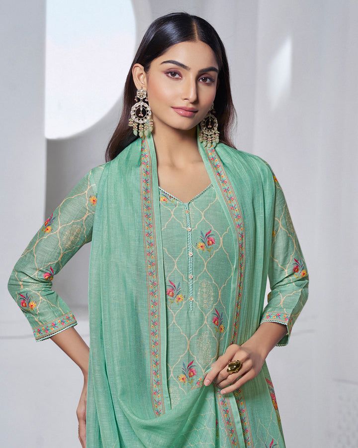 TARQUOISE PRINTED WITH LACE WORK STRAIGHT KURTA WITH DYED TROUSERS AND PRINTED DUPATTA