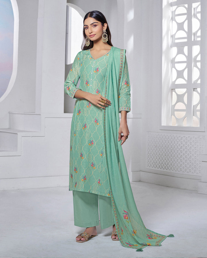 TARQUOISE PRINTED WITH LACE WORK STRAIGHT KURTA WITH DYED TROUSERS AND PRINTED DUPATTA