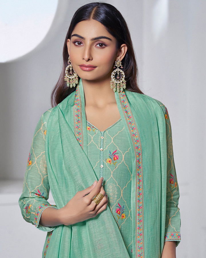 TARQUOISE PRINTED WITH LACE WORK STRAIGHT KURTA WITH DYED TROUSERS AND PRINTED DUPATTA