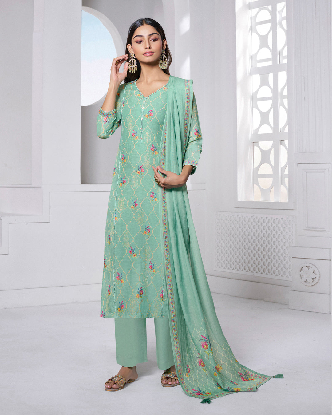 TARQUOISE PRINTED WITH LACE WORK STRAIGHT KURTA WITH DYED TROUSERS AND PRINTED DUPATTA