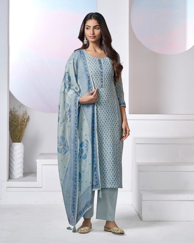 Blue Printed With Lace Work Straight Kurta With Dyed Trousers And Printed Dupatta