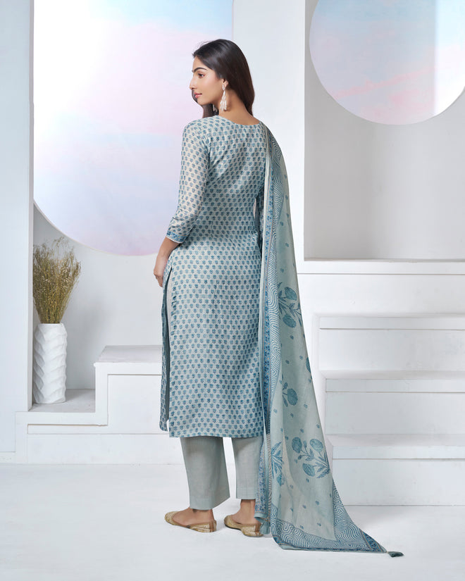 Blue Printed With Lace Work Straight Kurta With Dyed Trousers And Printed Dupatta