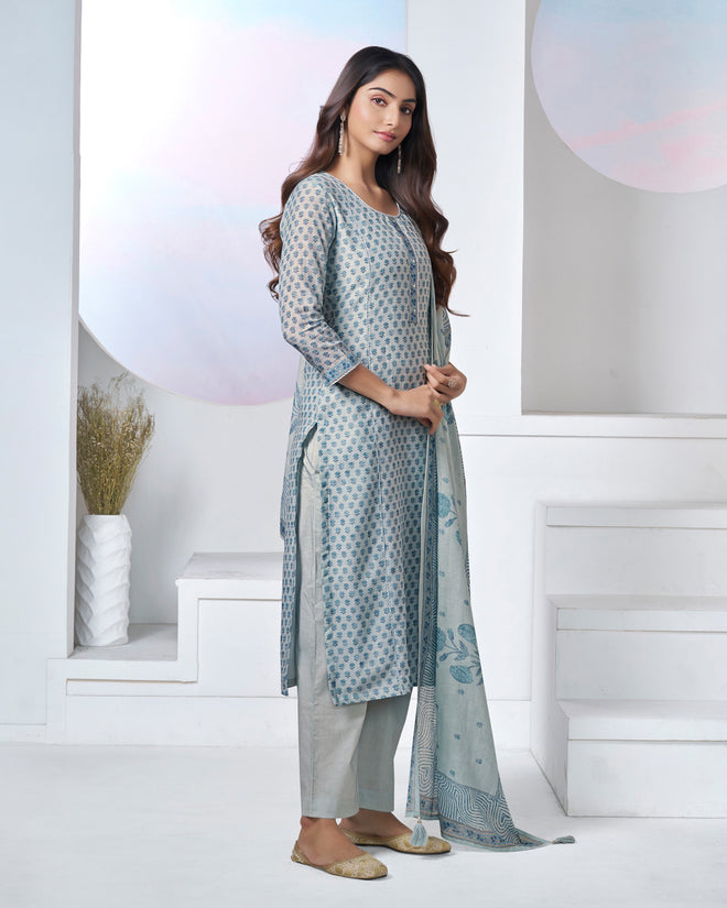 Blue Printed With Lace Work Straight Kurta With Dyed Trousers And Printed Dupatta