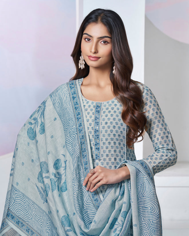 Blue Printed With Lace Work Straight Kurta With Dyed Trousers And Printed Dupatta