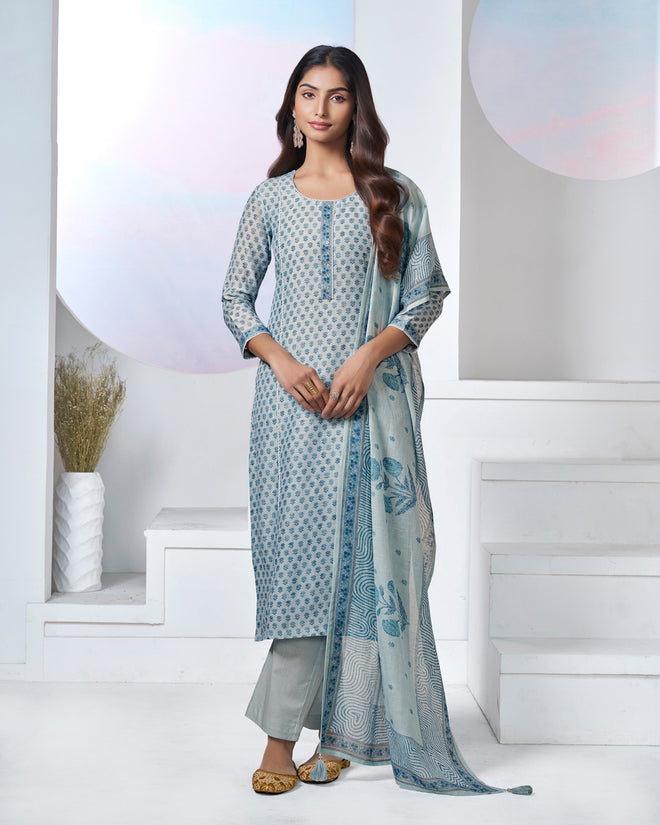 Blue Printed With Lace Work Straight Kurta With Dyed Trousers And Printed Dupatta