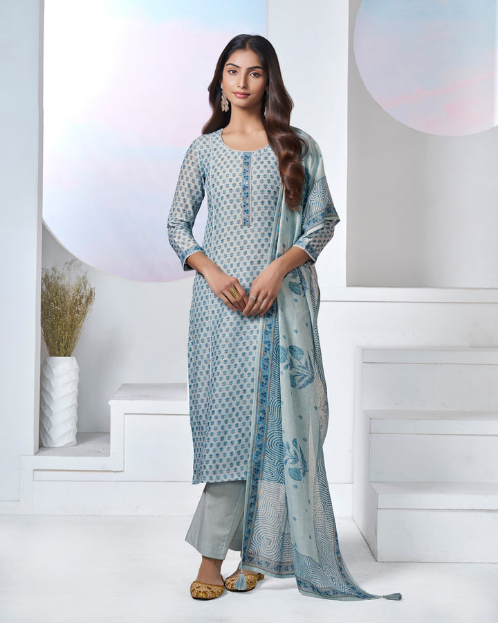 BLUE PRINTED WITH LACE WORK STRAIGHT KURTA WITH DYED TROUSERS AND PRINTED DUPATTA