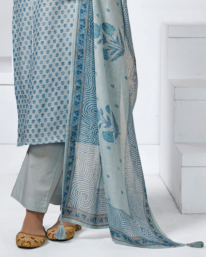 Blue Printed With Lace Work Straight Kurta With Dyed Trousers And Printed Dupatta