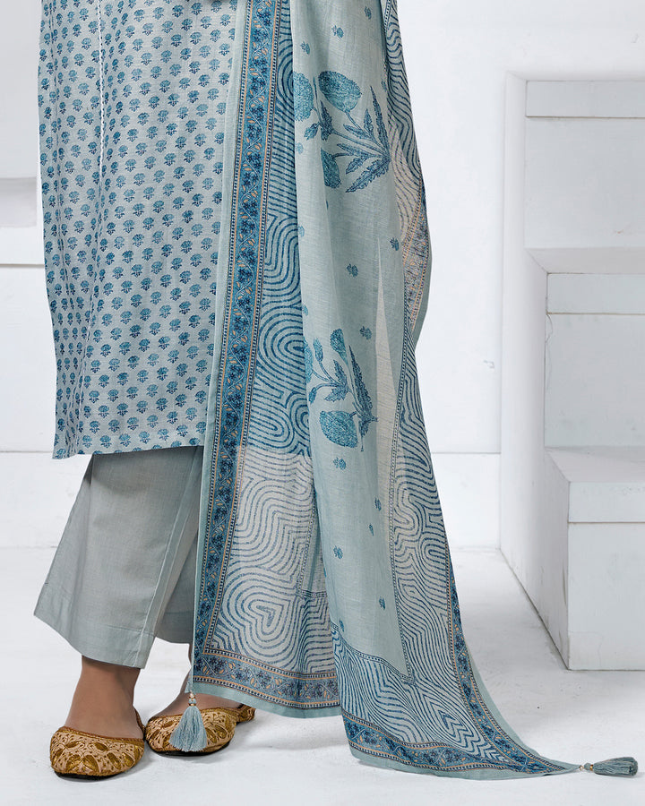 BLUE PRINTED WITH LACE WORK STRAIGHT KURTA WITH DYED TROUSERS AND PRINTED DUPATTA