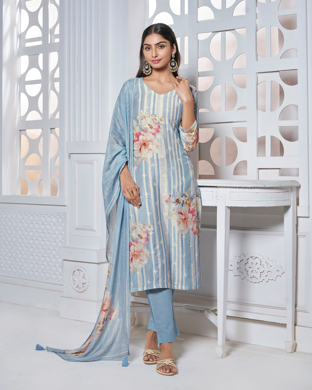 BLUE PRINTED WITH LACE WORK STRAIGHT KURTA WITH DYED TROUSERS AND PRINTED DUPATTA