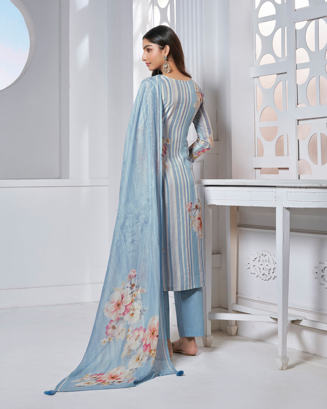 BLUE PRINTED WITH LACE WORK STRAIGHT KURTA WITH DYED TROUSERS AND PRINTED DUPATTA