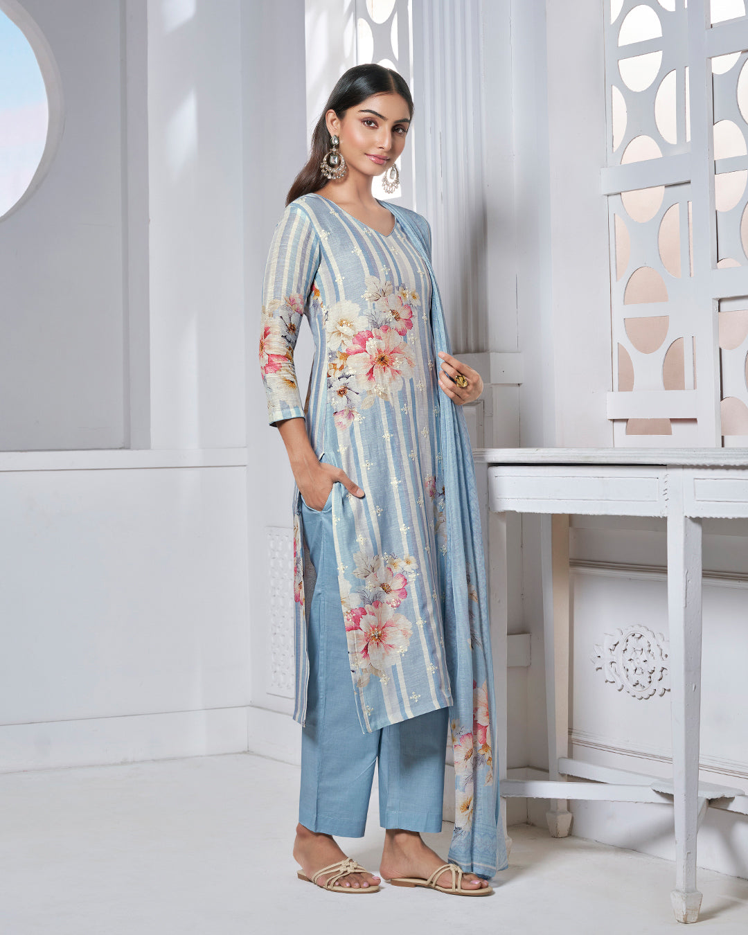 BLUE PRINTED WITH LACE WORK STRAIGHT KURTA WITH DYED TROUSERS AND PRINTED DUPATTA