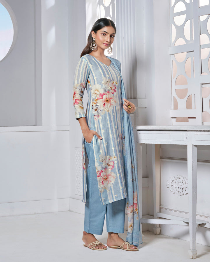 BLUE PRINTED WITH LACE WORK STRAIGHT KURTA WITH DYED TROUSERS AND PRINTED DUPATTA