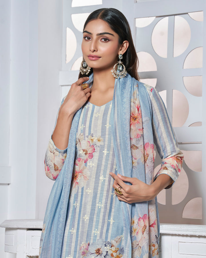 BLUE PRINTED WITH LACE WORK STRAIGHT KURTA WITH DYED TROUSERS AND PRINTED DUPATTA