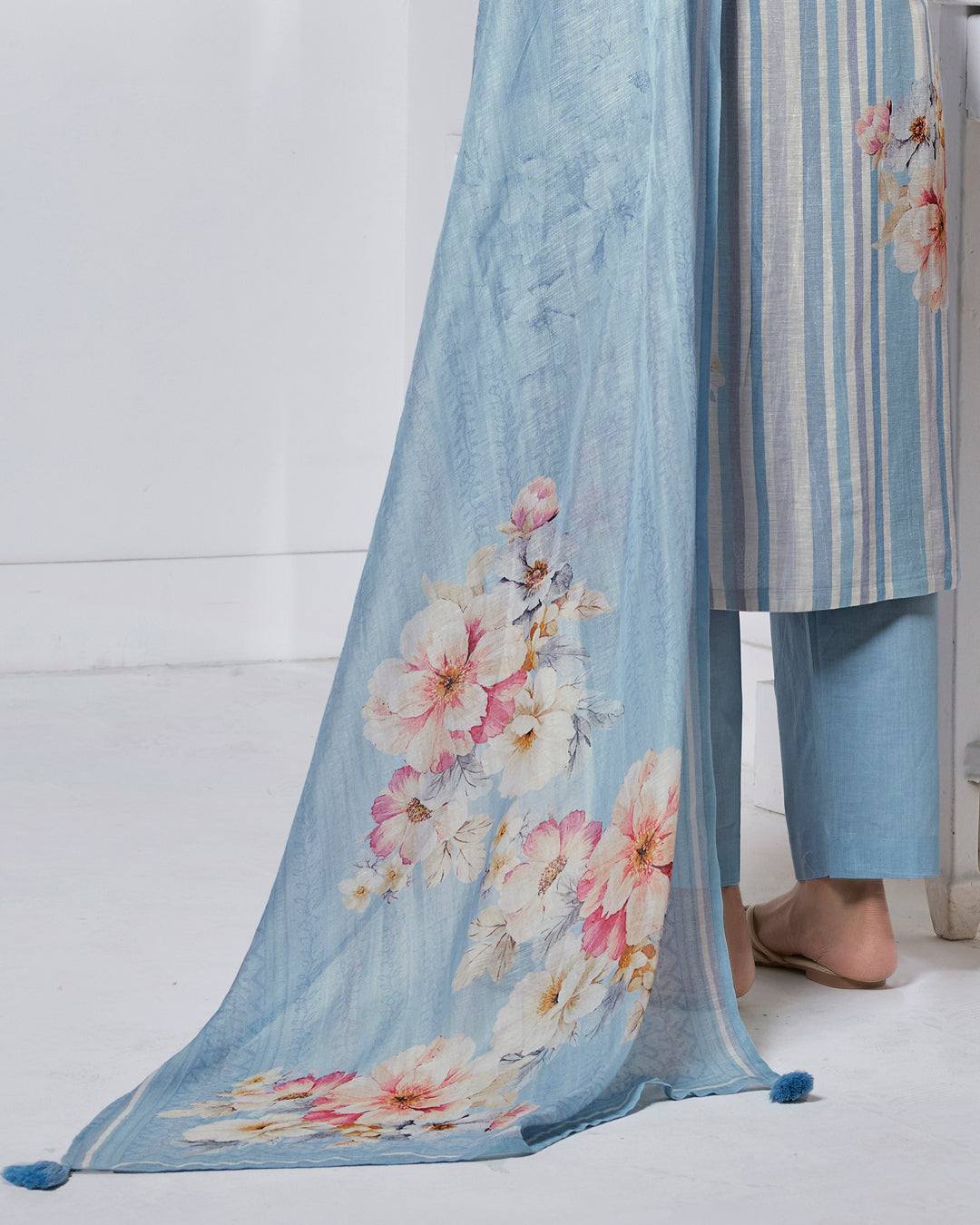 BLUE PRINTED WITH LACE WORK STRAIGHT KURTA WITH DYED TROUSERS AND PRINTED DUPATTA