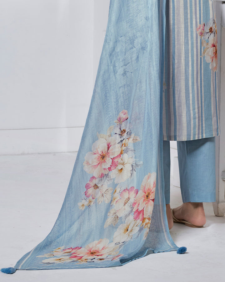 BLUE PRINTED WITH LACE WORK STRAIGHT KURTA WITH DYED TROUSERS AND PRINTED DUPATTA