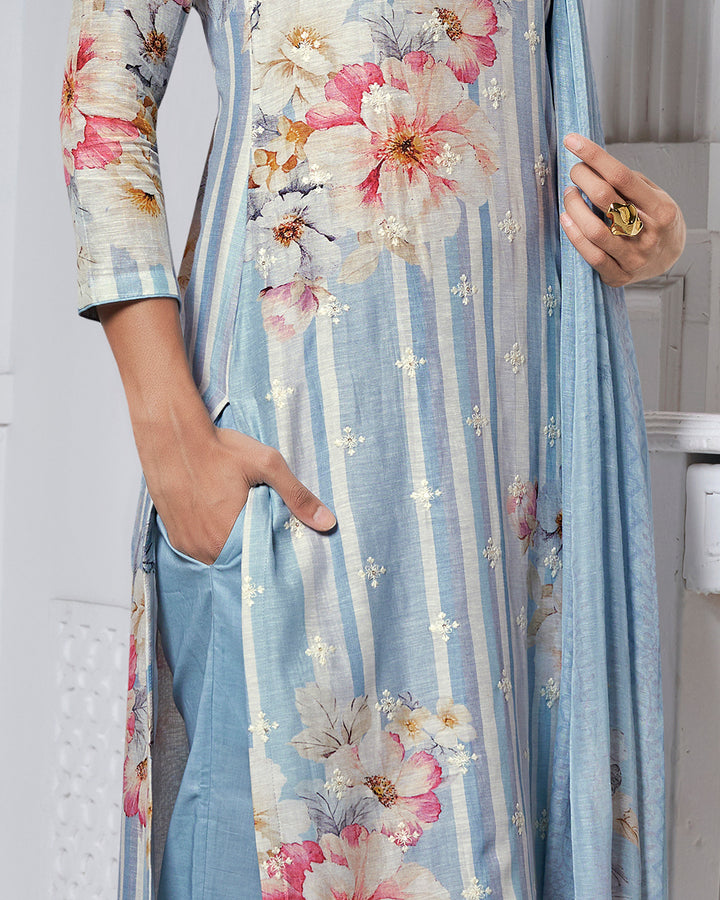 BLUE PRINTED WITH LACE WORK STRAIGHT KURTA WITH DYED TROUSERS AND PRINTED DUPATTA