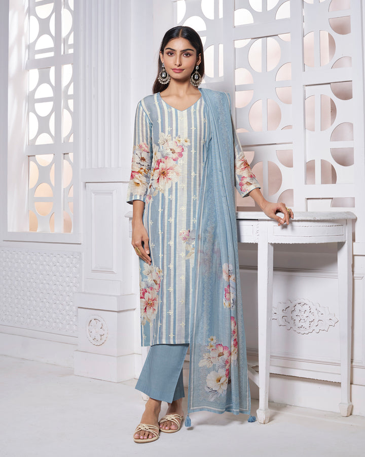BLUE PRINTED WITH LACE WORK STRAIGHT KURTA WITH DYED TROUSERS AND PRINTED DUPATTA