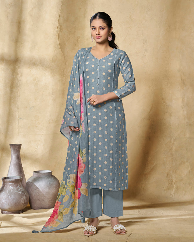 Blue Printed With Lace Work Straight Kurta With Dyed Trousers And Printed Dupatta
