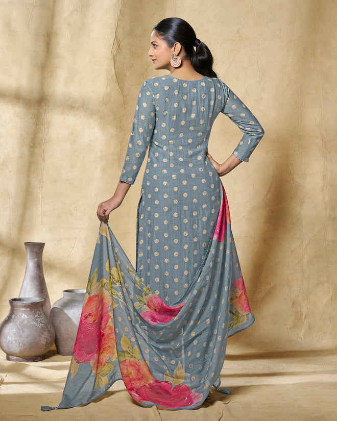 Blue Printed With Lace Work Straight Kurta With Dyed Trousers And Printed Dupatta