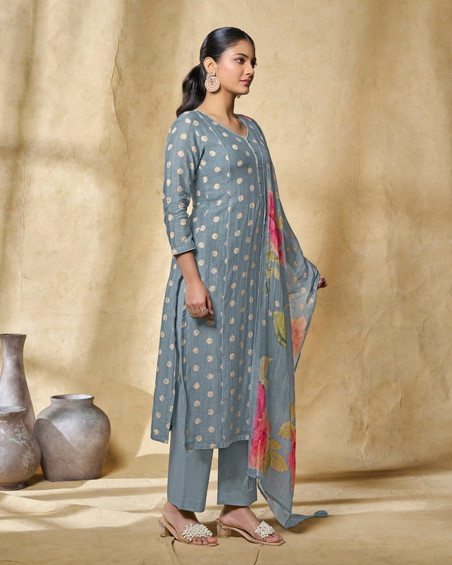 Blue Printed With Lace Work Straight Kurta With Dyed Trousers And Printed Dupatta