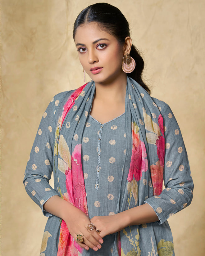 Blue Printed With Lace Work Straight Kurta With Dyed Trousers And Printed Dupatta