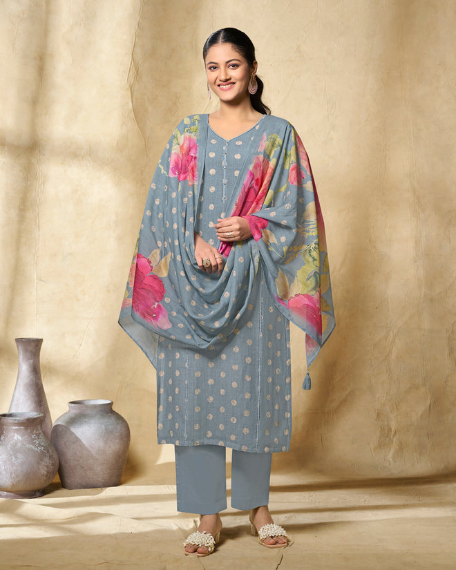 Blue Printed With Lace Work Straight Kurta With Dyed Trousers And Printed Dupatta
