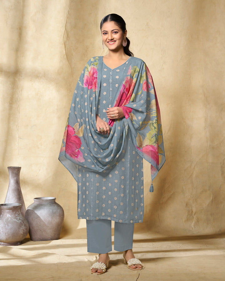 BLUE PRINTED WITH LACE WORK STRAIGHT KURTA WITH DYED TROUSERS AND PRINTED DUPATTA