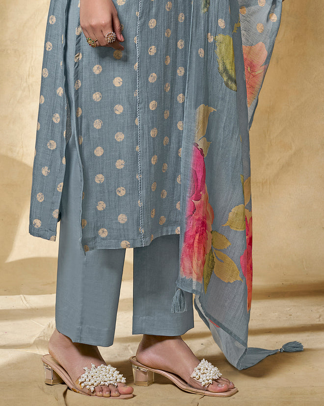 Blue Printed With Lace Work Straight Kurta With Dyed Trousers And Printed Dupatta