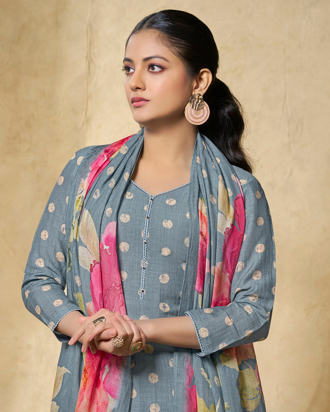 Blue Printed With Lace Work Straight Kurta With Dyed Trousers And Printed Dupatta
