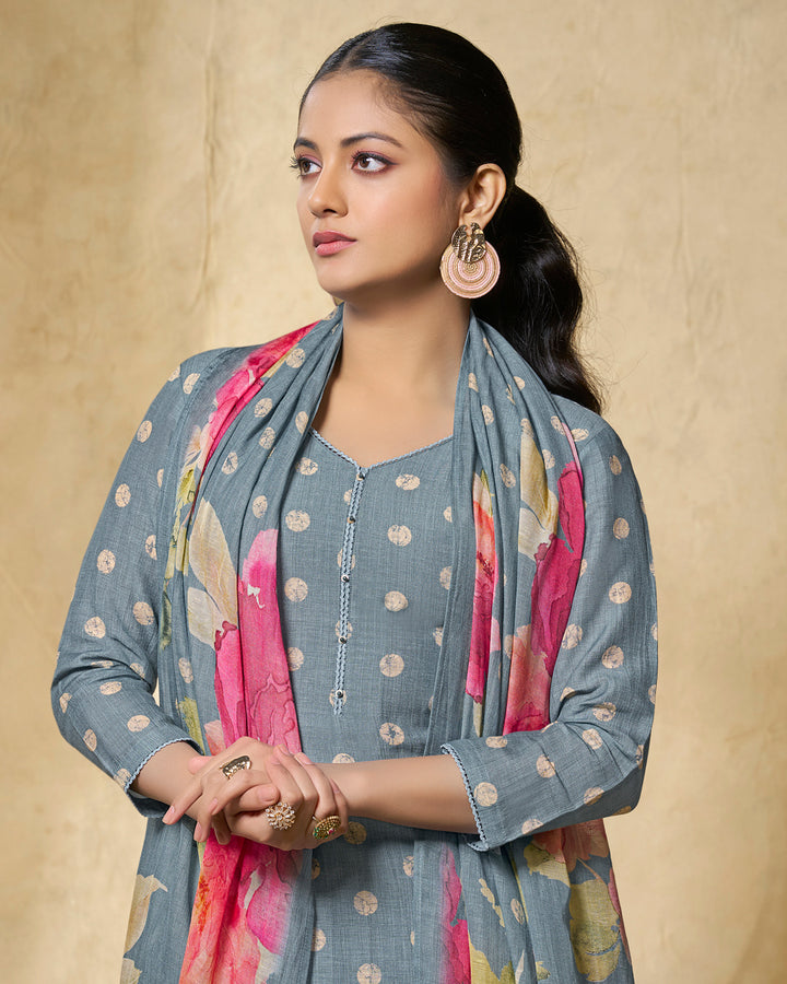 BLUE PRINTED WITH LACE WORK STRAIGHT KURTA WITH DYED TROUSERS AND PRINTED DUPATTA