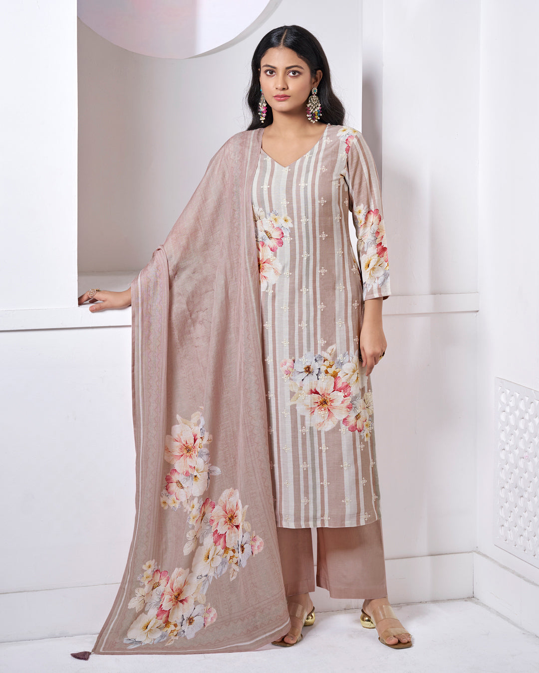 BEIGE PRINTED WITH LACE WORK STRAIGHT KURTA WITH DYED TROUSERS AND PRINTED DUPATTA
