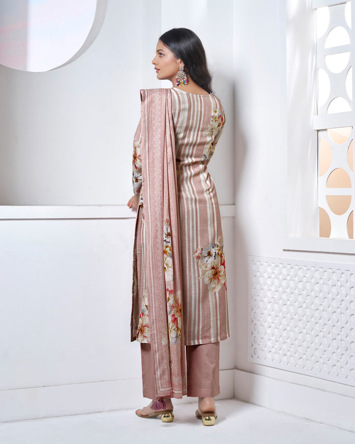 BEIGE PRINTED WITH LACE WORK STRAIGHT KURTA WITH DYED TROUSERS AND PRINTED DUPATTA