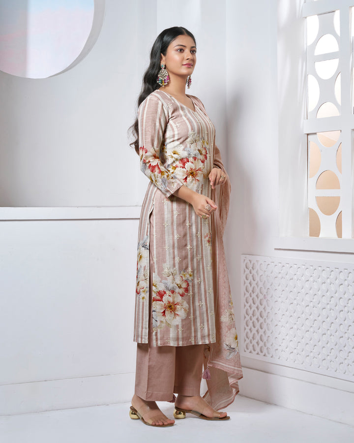 BEIGE PRINTED WITH LACE WORK STRAIGHT KURTA WITH DYED TROUSERS AND PRINTED DUPATTA