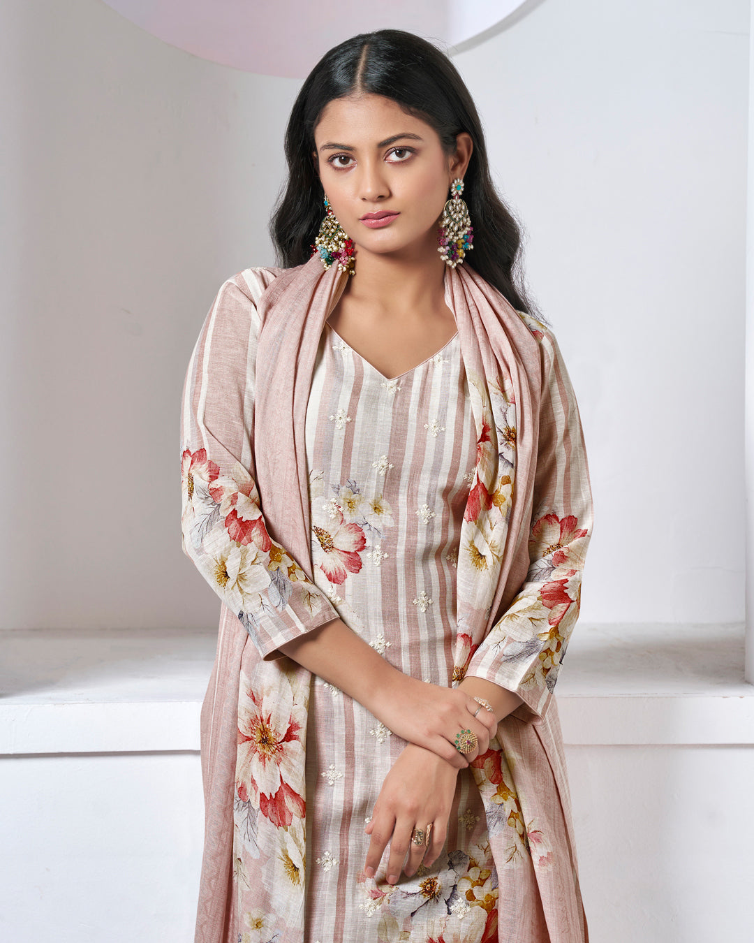BEIGE PRINTED WITH LACE WORK STRAIGHT KURTA WITH DYED TROUSERS AND PRINTED DUPATTA