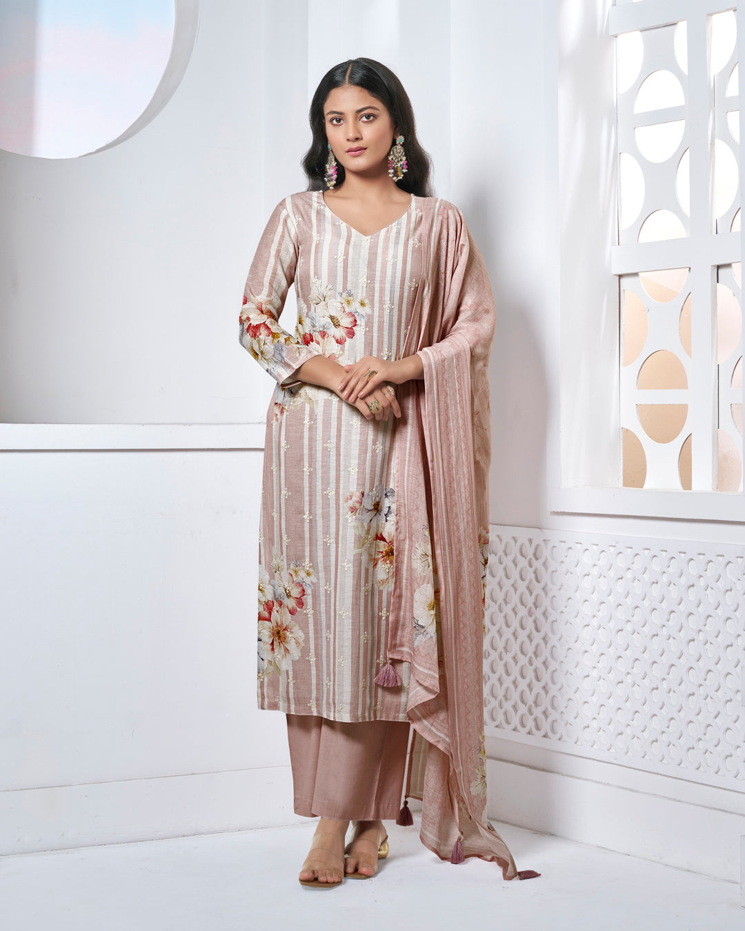 BEIGE PRINTED WITH LACE WORK STRAIGHT KURTA WITH DYED TROUSERS AND PRINTED DUPATTA