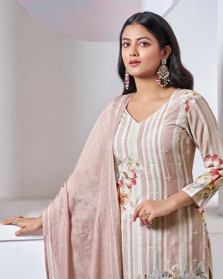 BEIGE PRINTED WITH LACE WORK STRAIGHT KURTA WITH DYED TROUSERS AND PRINTED DUPATTA