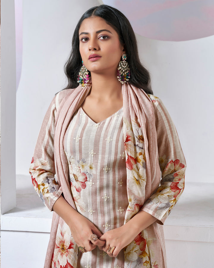 BEIGE PRINTED WITH LACE WORK STRAIGHT KURTA WITH DYED TROUSERS AND PRINTED DUPATTA