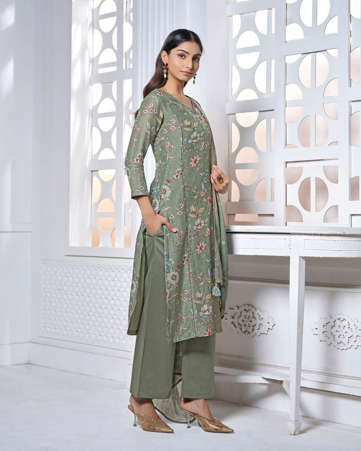 GREY PRINTED WITH LACE WORK STRAIGHT KURTA WITH DYED TROUSERS AND PRINTED DUPATTA