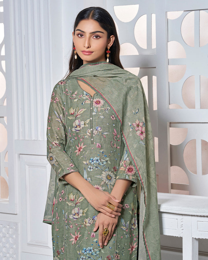 GREY PRINTED WITH LACE WORK STRAIGHT KURTA WITH DYED TROUSERS AND PRINTED DUPATTA