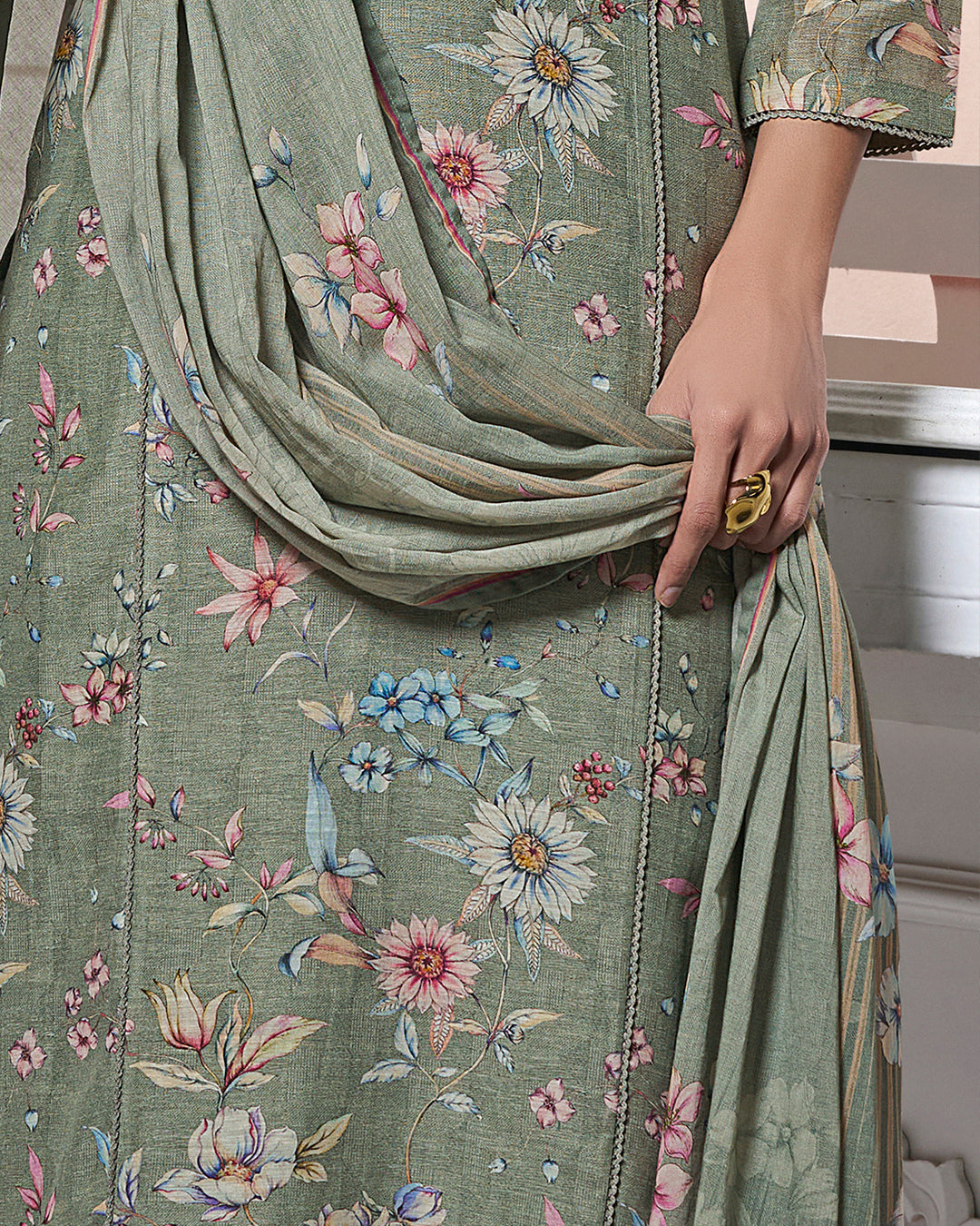 GREY PRINTED WITH LACE WORK STRAIGHT KURTA WITH DYED TROUSERS AND PRINTED DUPATTA