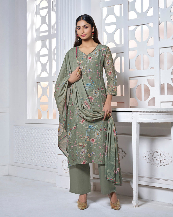 GREY PRINTED WITH LACE WORK STRAIGHT KURTA WITH DYED TROUSERS AND PRINTED DUPATTA