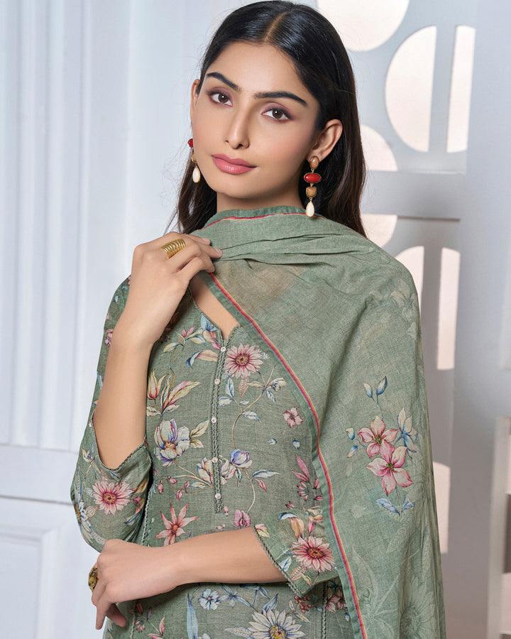 GREY PRINTED WITH LACE WORK STRAIGHT KURTA WITH DYED TROUSERS AND PRINTED DUPATTA
