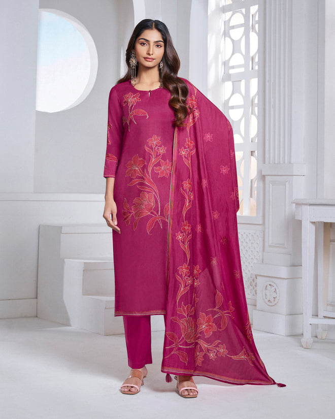 Margenta Printed Straight Kurta With Dyed Trousers And Printed Dupatta