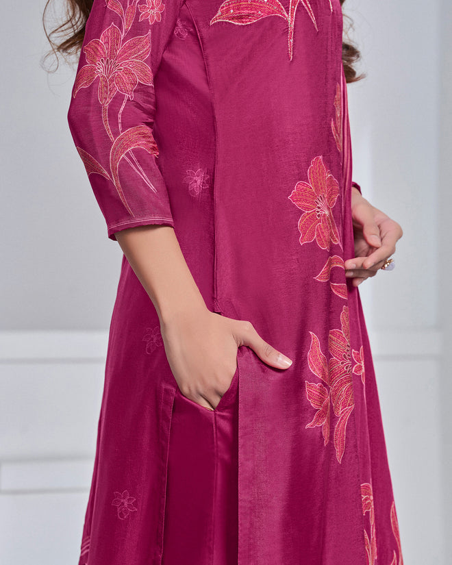 Margenta Printed Straight Kurta With Dyed Trousers And Printed Dupatta