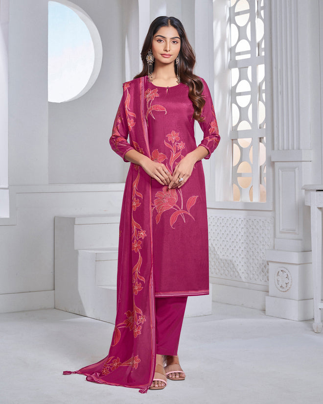 Margenta Printed Straight Kurta With Dyed Trousers And Printed Dupatta