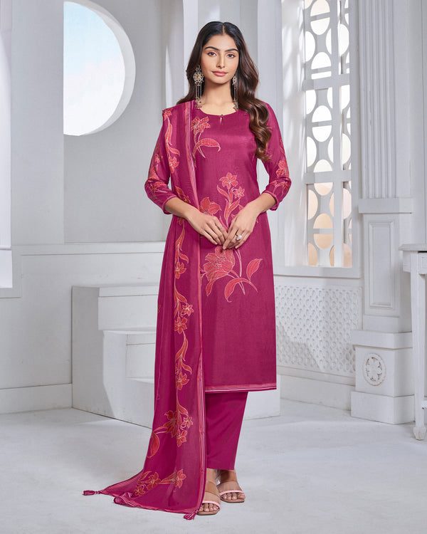 Magenta Printed Straight Kurta With Dyed Trousers And Printed Dupatta